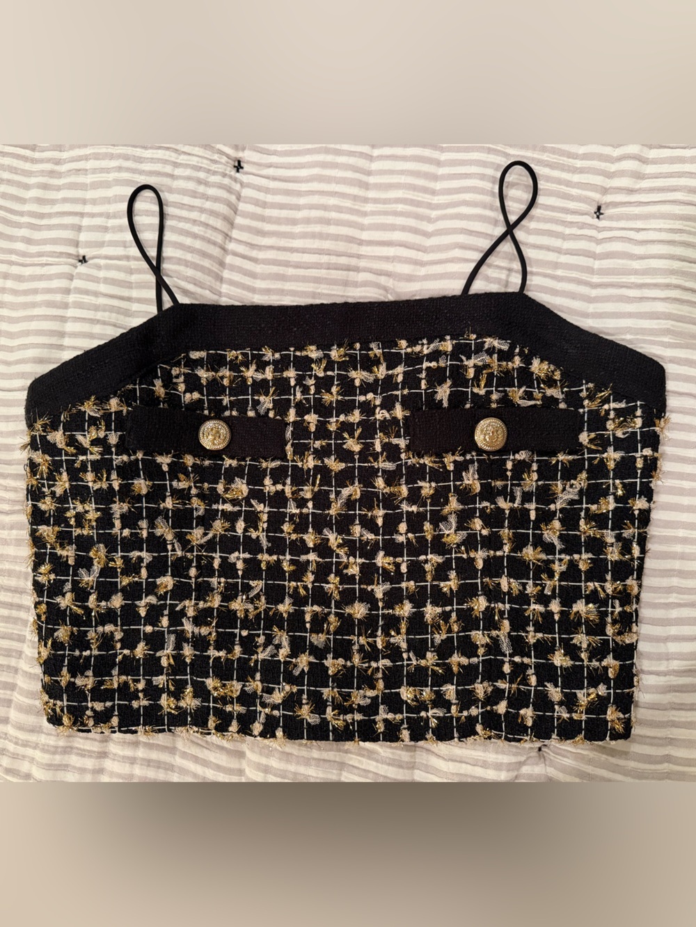 Endless Rose Tweed Crop Cami with Gold Button Detail - Black & Gold - Picture 2 of 3